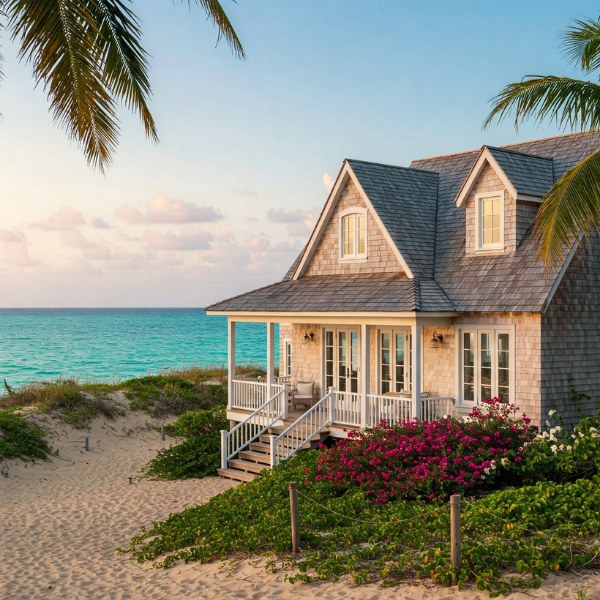 Beach house with coastal landscaping